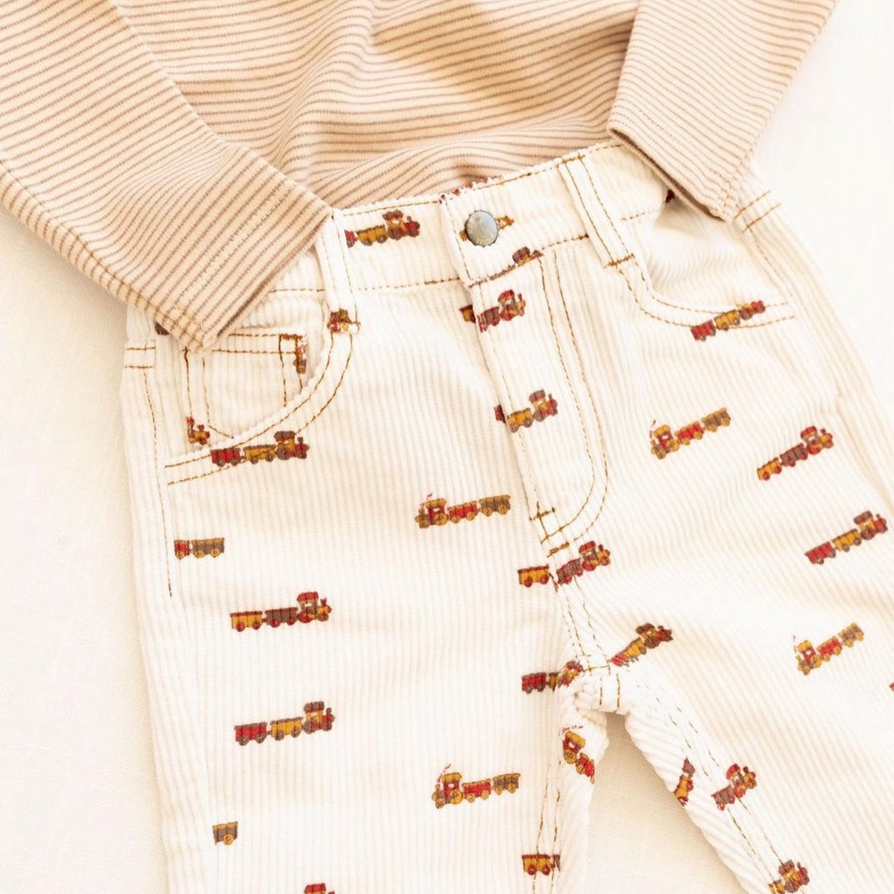 Kids Cream Corduroy Pants with Truck Print